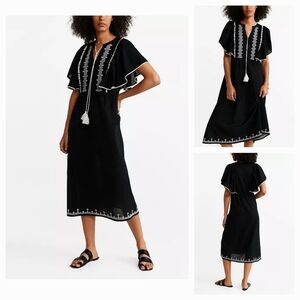 MNG Mango Swiss Dot Peasant Midi Dress Flutter Sleeve Black Embroidered‎